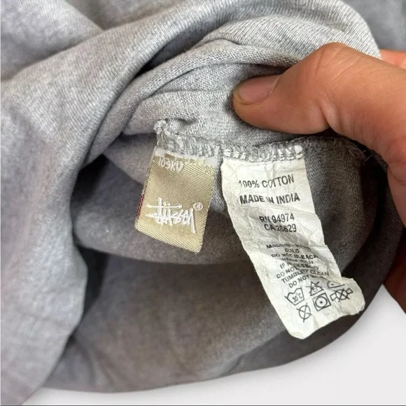 Vintage Stussy Sweatshirt Mens Large Gray Big S Logo Print Striped Sleeve Preppy - Picture 6 of 13
